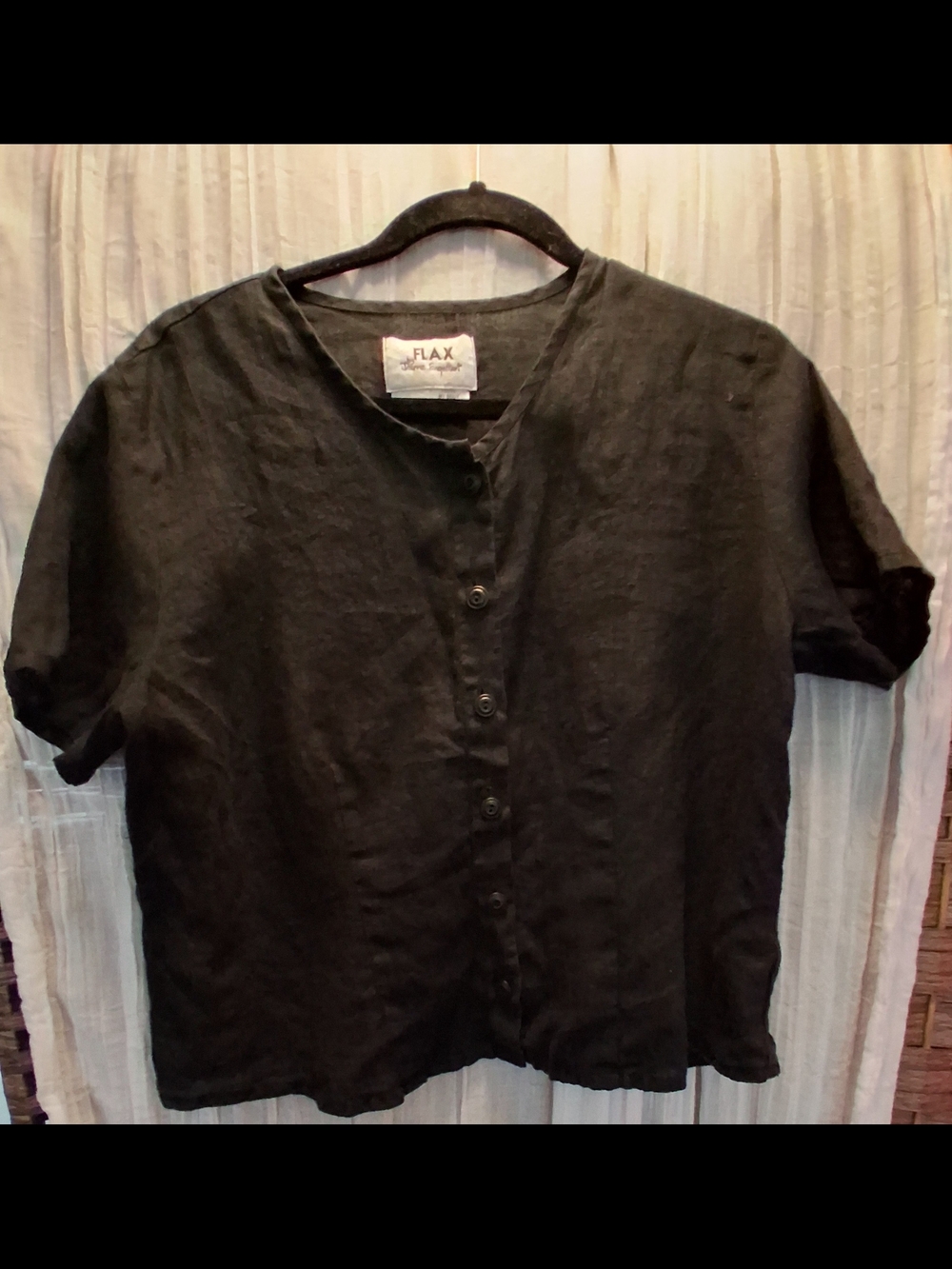Flax Black Short-Sleeve Linen Button-Front Top